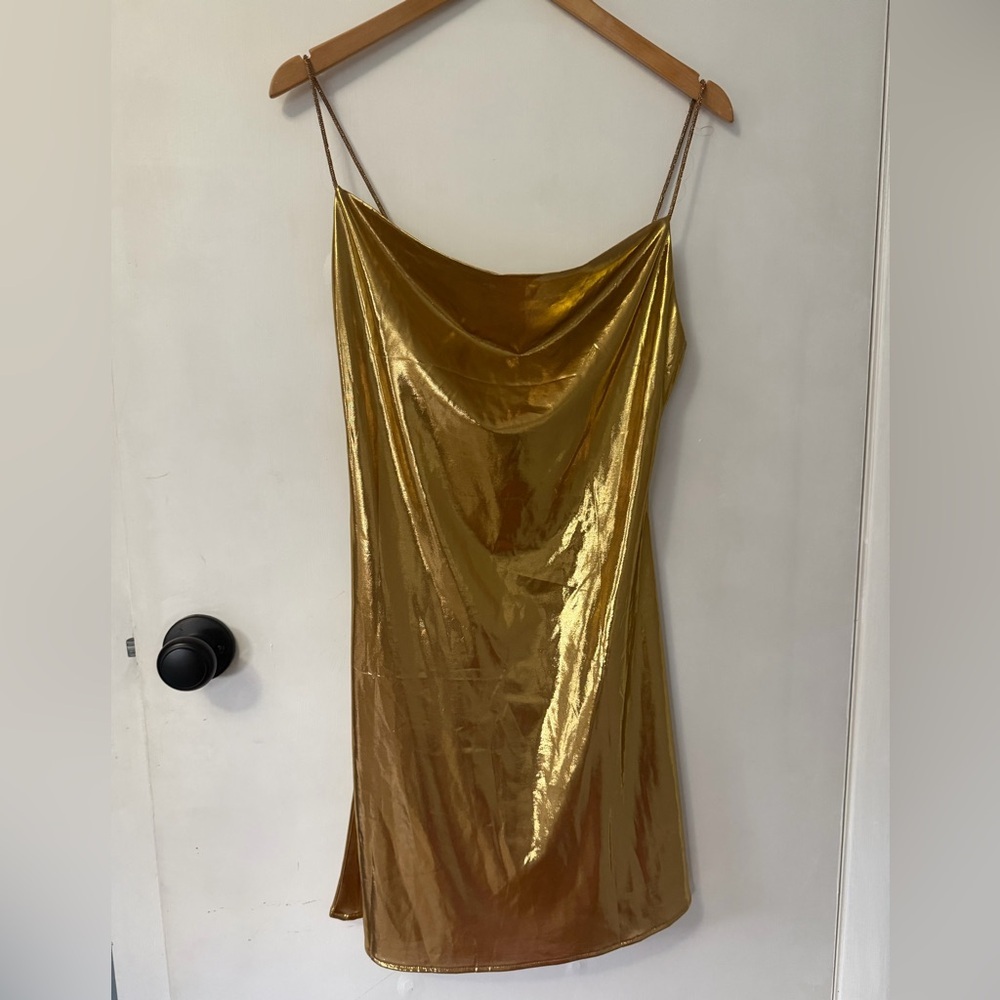 Gold Slip Midi Dress with Cowl Neck
